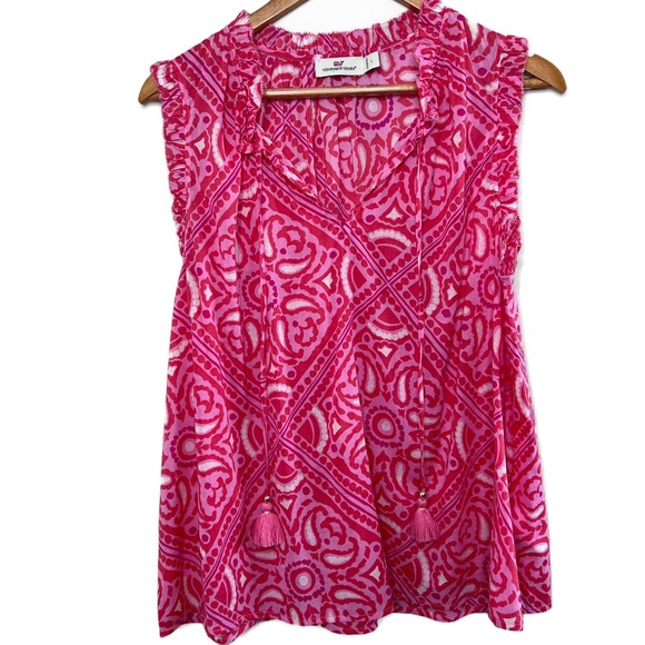 Vineyard Vines Pink Paisley Pattern Ruffled Sleeveless Tie Neck Blouse Women's L - Picture 2 of 8
